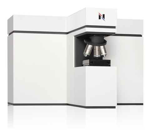 The images shows a white, cube-shaped device with a blue, red and black logo in the shape of an N on its top. The middle of the device has three objectives for the microscopy analysis. The device is the RAMANtouch with which Raman Asbestos fiber analysis can be carried out. 