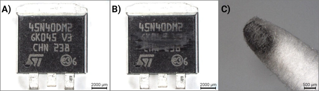 Three images of a black microchip with grey writing on it. The second image shows how the grey writing was removed by a cotton swab with a solvent. The last images shows a white cotton swab with black color residue. 