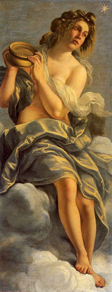 FTIR is a versatile tool in art restoration: A young woman seated gracefully. She holds a compass in one hand, her hair flowing freely around her shoulders. Originally, she was depicted nude, but later, a delicate drapery was added to cover parts of her body. The background is filled with soft, celestial tones, creating a serene and ethereal atmosphere. 

